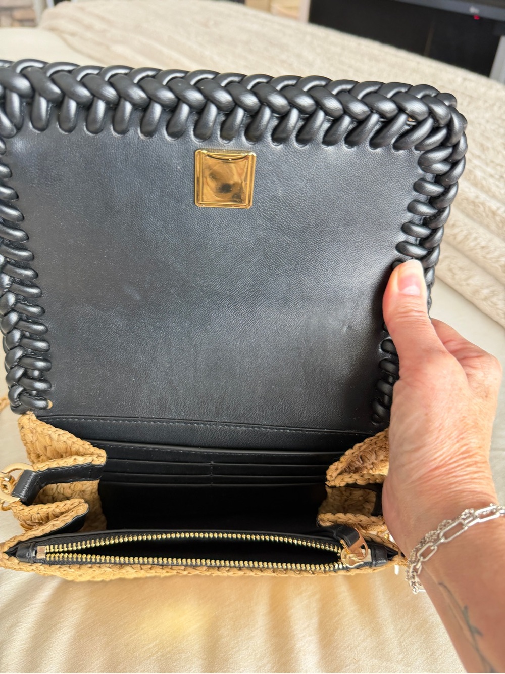 Tory Burch Tan Woven Crossbody with Black Trim and Gold Chain - Picture 2 of 8